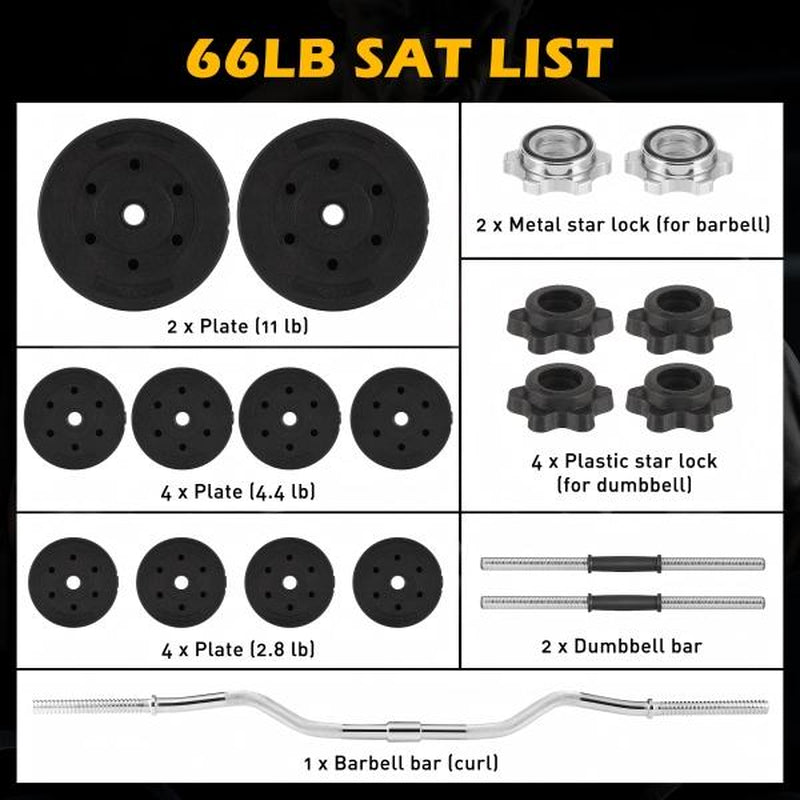 FIXTECH 66LB 2 in 1 Olympic Adjustable Weight Set with Curl Bar Used as Barbell for Family Fitness, Black