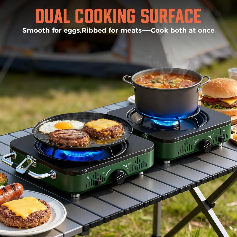 BIG HORN OUTDOORS 2 Burner Propane Camping Stove, Portable Camp Stove, Folding Gas Stove, Includes Frying Pan & Carry Bag for Camping, Emergency Use and Outdoor Cooking