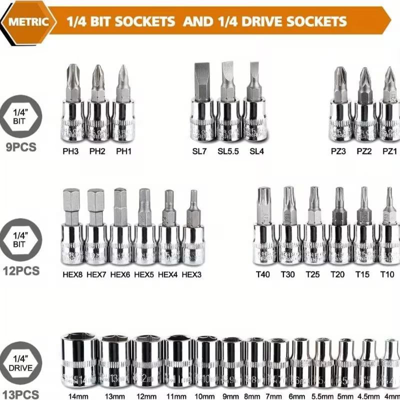 46-Piece Multifunctional Socket Wrench Set, Forged Chrome Vanadium Steel, Non-Electric Metal Tool Kit, Suitable for Home, Garage, Car, Motorcycle, and Bicycle Repairs - Comes with a Durable Carrying Case, Valentines Gift for Bfideal Gift for Dads