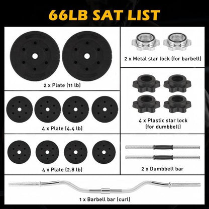 FIXTECH 66LB 2 in 1 Olympic Adjustable Weight Set with Curl Bar Used as Barbell for Family Fitness, Black