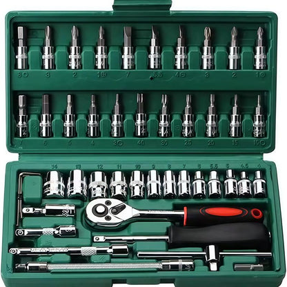 46-Piece Multifunctional Socket Wrench Set, Forged Chrome Vanadium Steel, Non-Electric Metal Tool Kit, Suitable for Home, Garage, Car, Motorcycle, and Bicycle Repairs - Comes with a Durable Carrying Case, Valentines Gift for Bfideal Gift for Dads