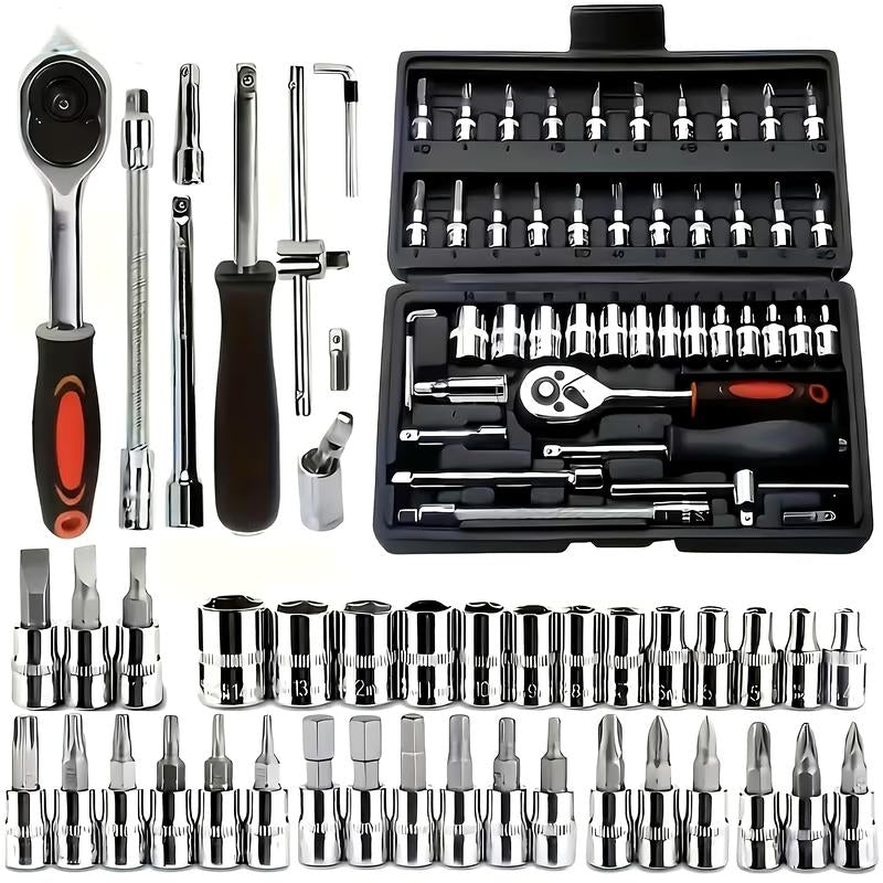 46-Piece Multifunctional Socket Wrench Set, Forged Chrome Vanadium Steel, Non-Electric Metal Tool Kit, Suitable for Home, Garage, Car, Motorcycle, and Bicycle Repairs - Comes with a Durable Carrying Case, Valentines Gift for Bfideal Gift for Dads