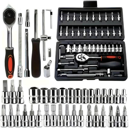 46-Piece Multifunctional Socket Wrench Set, Forged Chrome Vanadium Steel, Non-Electric Metal Tool Kit, Suitable for Home, Garage, Car, Motorcycle, and Bicycle Repairs - Comes with a Durable Carrying Case, Valentines Gift for Bfideal Gift for Dads