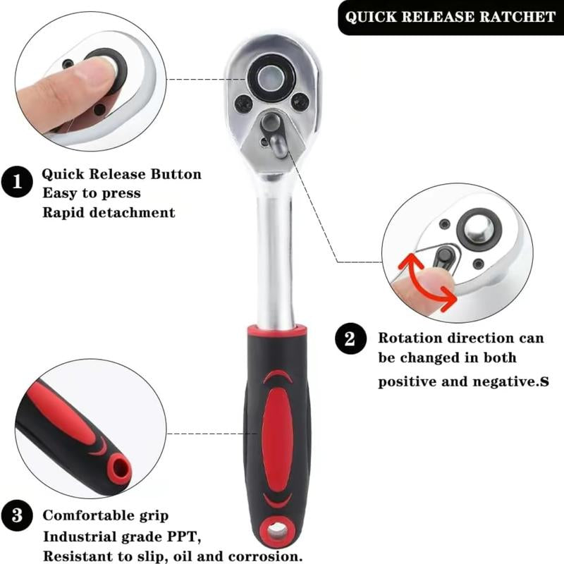 46-Piece Multifunctional Socket Wrench Set, Forged Chrome Vanadium Steel, Non-Electric Metal Tool Kit, Suitable for Home, Garage, Car, Motorcycle, and Bicycle Repairs - Comes with a Durable Carrying Case, Valentines Gift for Bfideal Gift for Dads