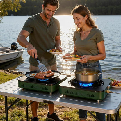 BIG HORN OUTDOORS 2 Burner Propane Camping Stove, Portable Camp Stove, Folding Gas Stove, Includes Frying Pan & Carry Bag for Camping, Emergency Use and Outdoor Cooking