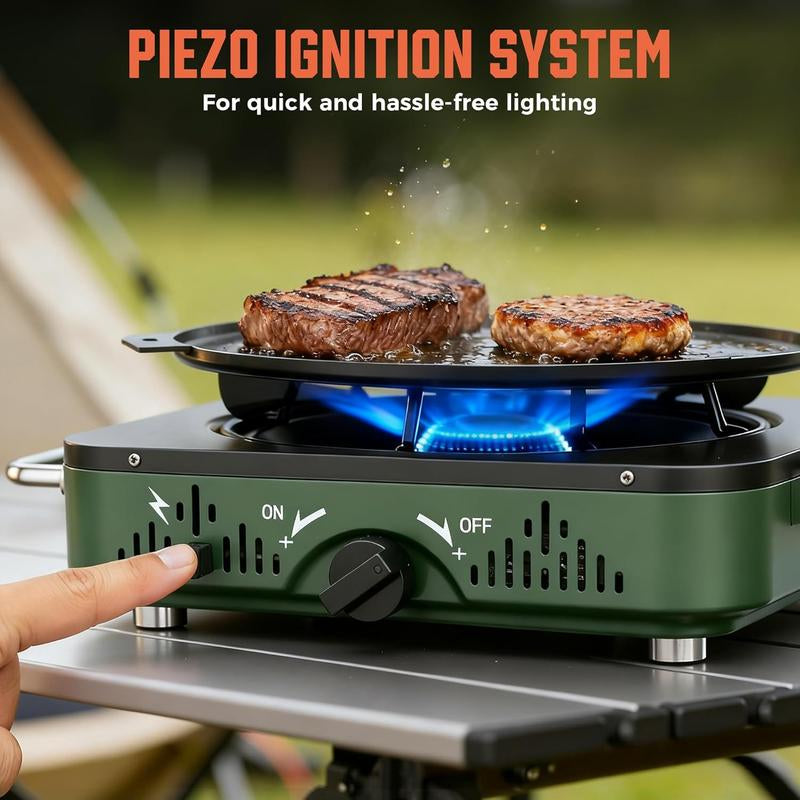 BIG HORN OUTDOORS 2 Burner Propane Camping Stove, Portable Camp Stove, Folding Gas Stove, Includes Frying Pan & Carry Bag for Camping, Emergency Use and Outdoor Cooking